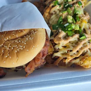 BBQ Bacon Burger and Eduardo's Smothered Tots (half order)