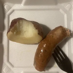 Link + one potato from bayou bag. Each already has my big "good morning, breakfast" bite taken, lovely mid heat level. Feb 2023