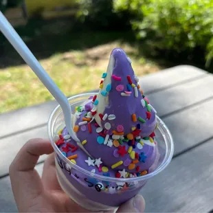 Banana milk / Ube twist soft serve with rainbow sprinkles