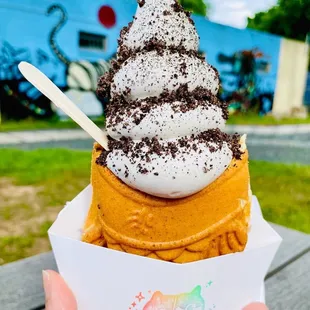 Sesame soft serve with red bean paste and cookie crumble