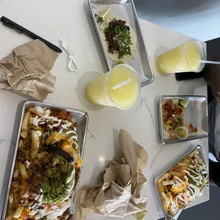 Chicken Loaded Fries, Veggie Loaded Fries, veggie fish Taco, Barbacoa Taco margarita x2
