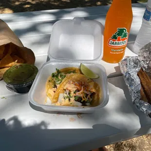 OMG Chicken Taco OMG Pork Taco Caramel Churro Jarritos Chips and Guac