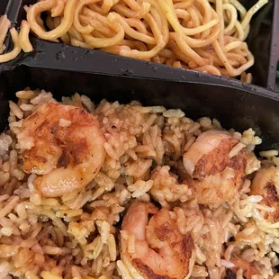 Fried rice, noodles, and shrimp
