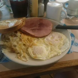 2 perfect eggs with ham, hash browns, and toast. A mountain of food for only $6.50!