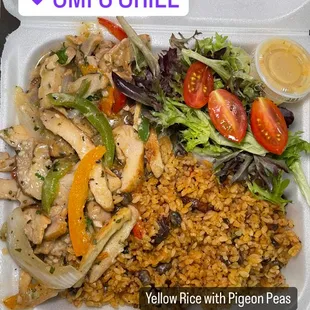 a meal in a styrofoam container