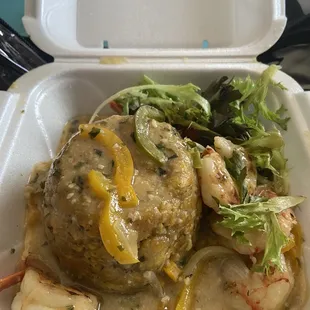 Mofongo with Garlic Shrimp (Camarones al Ajillo) with extra onions and peppers drenched with the garlic sauce...delicious!