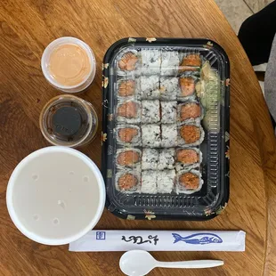 Spicy tuna roll x2, spicy salmon roll, miso soup | spicy Mayo &amp; soy sauce