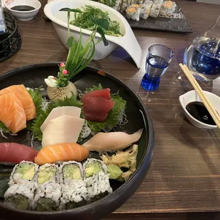 Sushi sashimi lunch with lechee flavored sake.