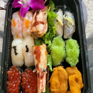 Sweet Shrimp, Scallop, Ikura, Mackeral, Wasabi Tobiko, Uni