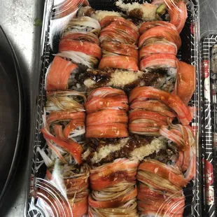 a tray of sushi rolls