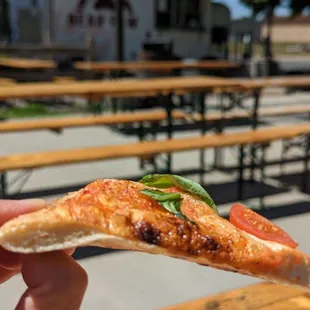 a hand holding a slice of pizza