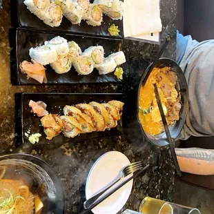 Spicy Roman, Udon Noodles, Drunken Fish Roll, Cali Roll, and Alaska Roll