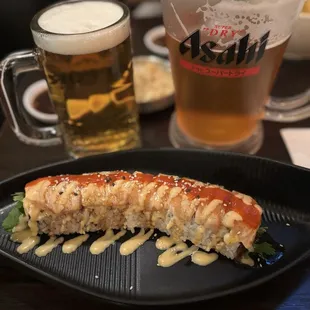 Harbor roll with a Ashai draft beer