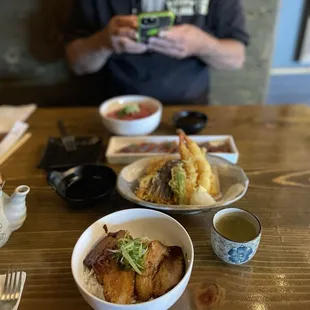 Mini Char Sui Pork, Shrimp Tempura, Tataki Ahi, Green Tea.