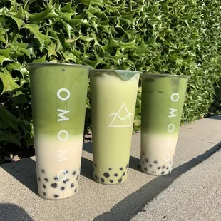 Left and Right: Matcha Cortado Middle: UJI Matcha Green Milk Tea