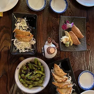 Fried Pork Gyoza, Spicy Edamame, Inari