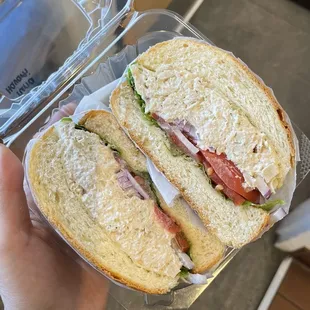 a person holding a sandwich in a plastic container