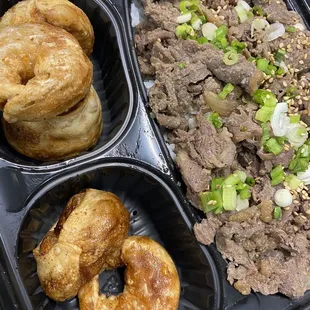 Bulgogi over rice with fried dumplings