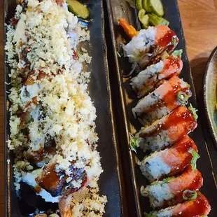 Crunchy tiger hidden dragon roll and hot night roll