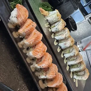 Salmon delight in the front was delicious, spicy habanero roll in the back was good but sweet not spicy