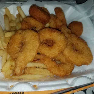 a tray of fried fish and fries