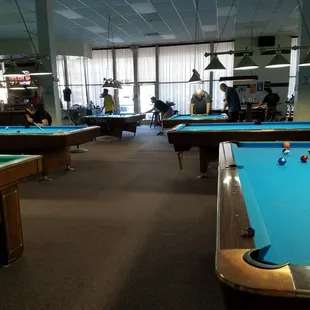 a billiards room with pool tables