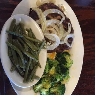 Hamburger steak, broccoli and green beans