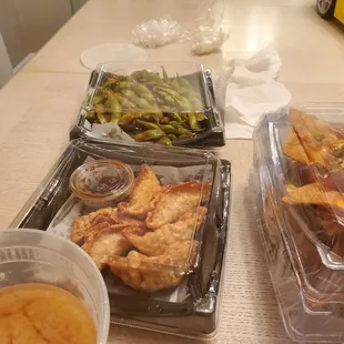 Poke nachos, miso soup, edamame