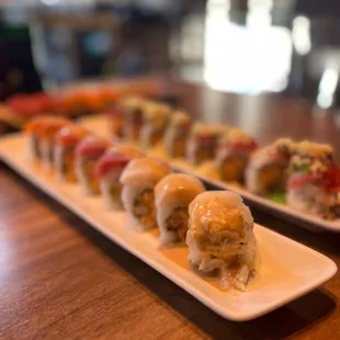 a long row of sushi rolls