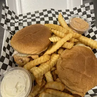 Spicy chicken sandwich with French fries