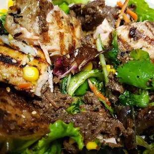 Fresh vegetables, beef, and salmon