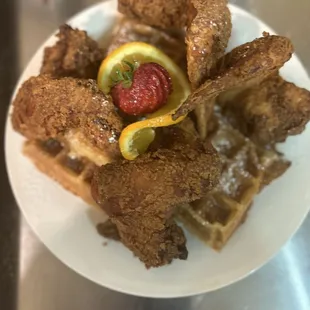 a plate of fried chicken and waffles