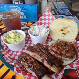 Rib, Brisket with potato salad &amp; cold straw.