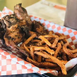 Jerk Wings and Sweet Potato Fries