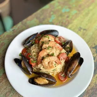 seafood pasta at On The Bay in New Baltimore Mi