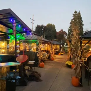 Fall decor at On The Bay Restaurant in our year round outdoor dining