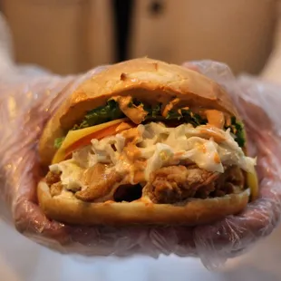 a person holding a sandwich