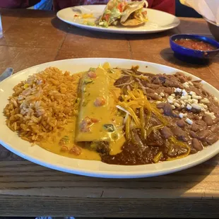 Queso burrito with beans and rice.