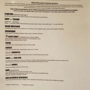 Gluten friendly menu