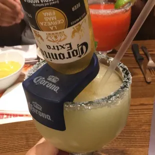 Coronarita &amp; strawberry margarita in the back.