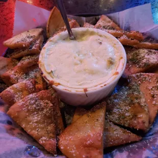 Pita chips and artichoke dip.
