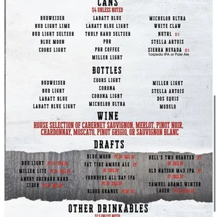 Beer/ wine selection menu