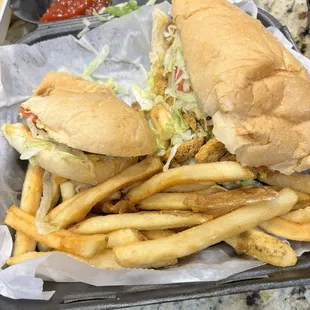 Have shrimp, half fish Poboy