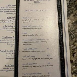 Cocktail menu