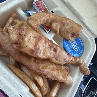 Fish and Chips with tarter sauce.