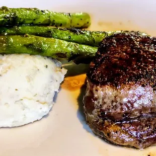 Steak night special - an 80z filet with asparagus and mash potato - $19!