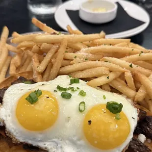 Steak and Egg Tacos with a side of Truffle Fries
