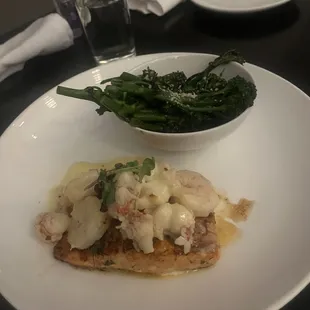 Salmon topped with Shrimp scampi