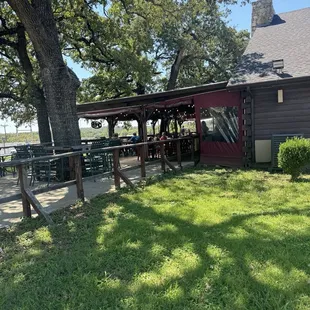 Outside the patio, two folks had just walked their big pups to the outside eating area.