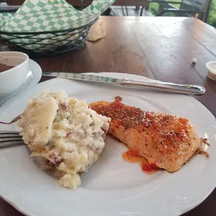 Blackened Salmon with mashed potatoes.